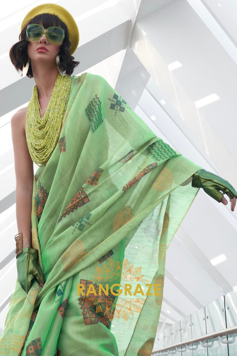 Couture Emerald Green Woven Linen Silk Printed Saree