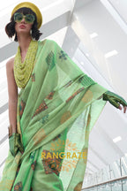 Couture Emerald Green Woven Linen Silk Printed Saree