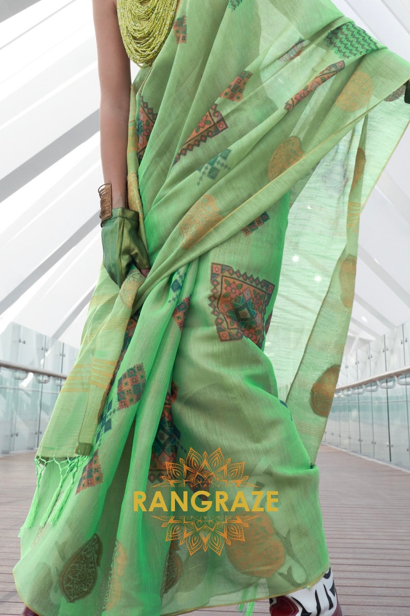 Couture Emerald Green Woven Linen Silk Printed Saree