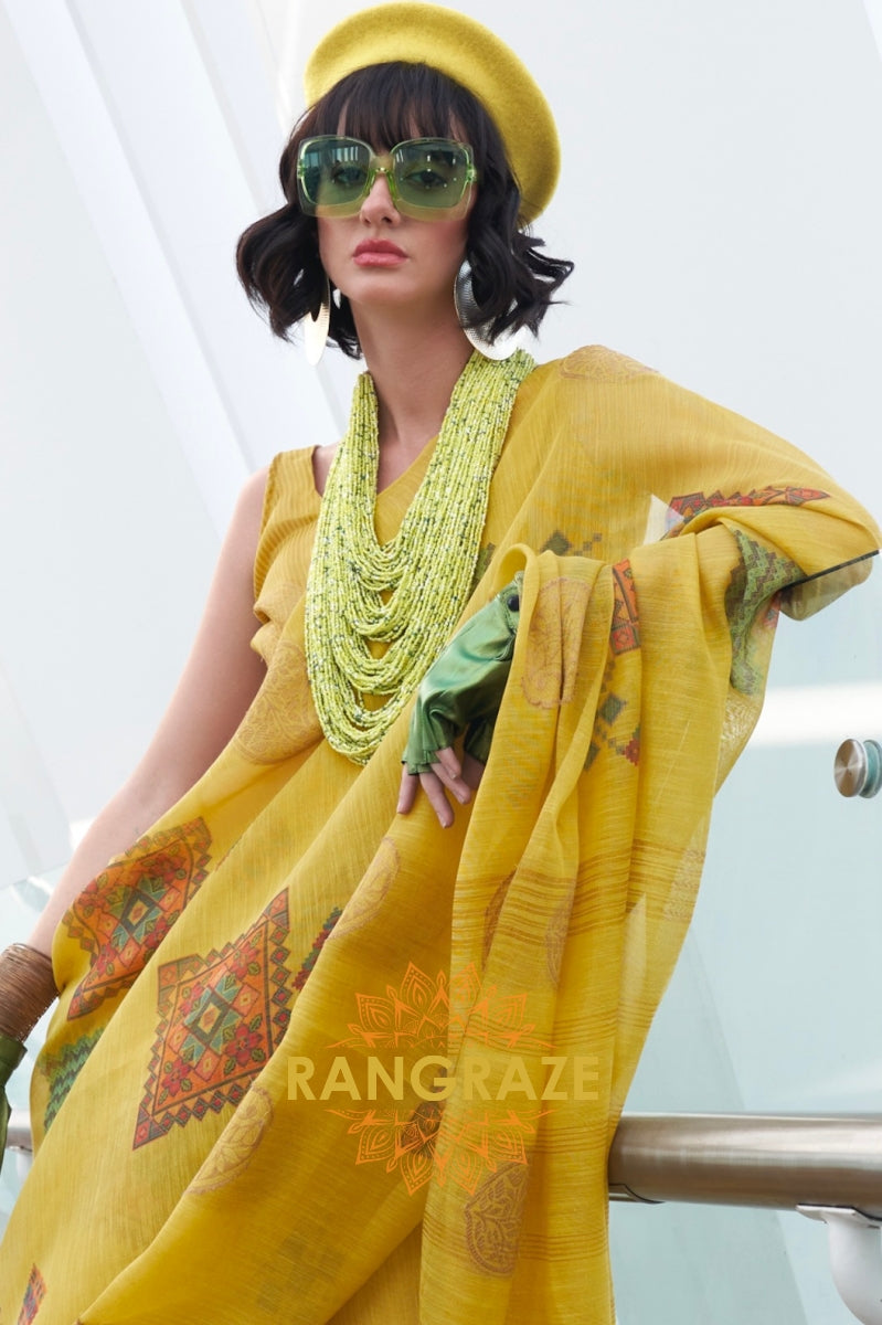 Couture Yellow Woven Linen Silk Printed Saree