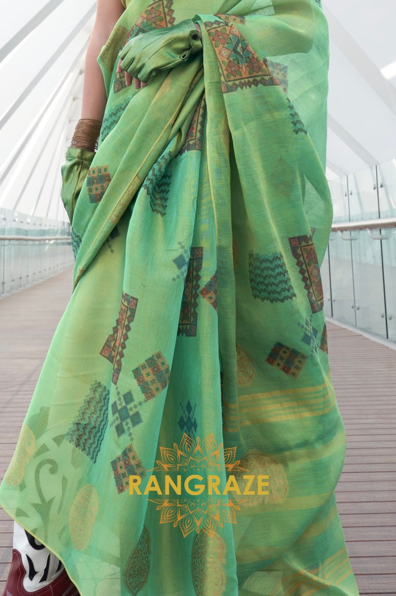 Couture Emerald Green Woven Linen Silk Printed Saree