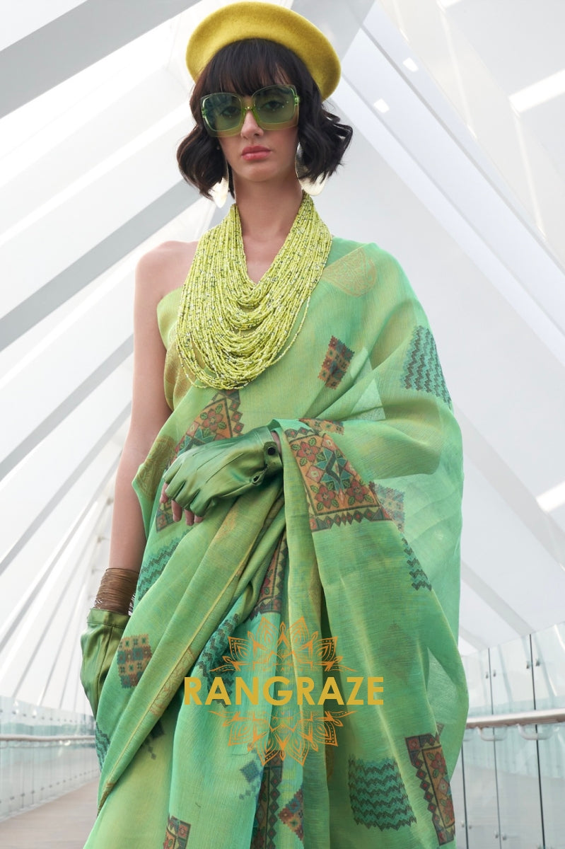 Couture Emerald Green Woven Linen Silk Printed Saree