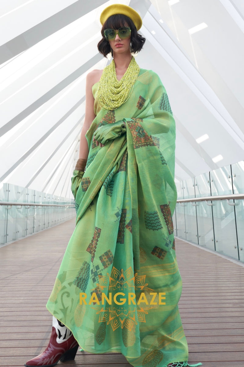 Couture Emerald Green Woven Linen Silk Printed Saree