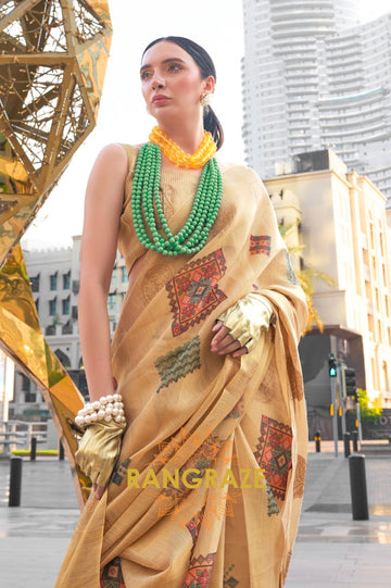 Couture Yellow Beige Woven Linen Silk Printed Saree