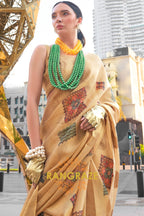 Couture Yellow Beige Woven Linen Silk Printed Saree