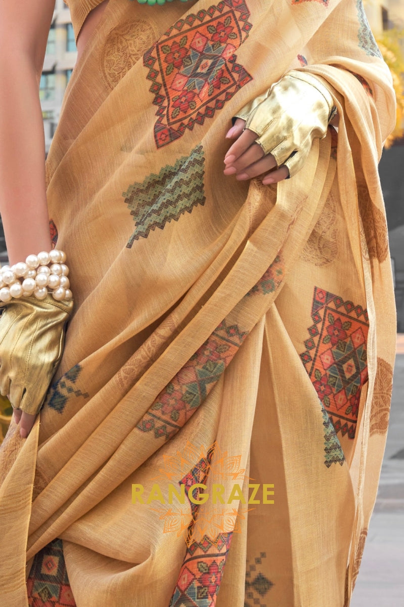 Couture Yellow Beige Woven Linen Silk Printed Saree