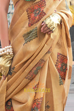 Couture Yellow Beige Woven Linen Silk Printed Saree