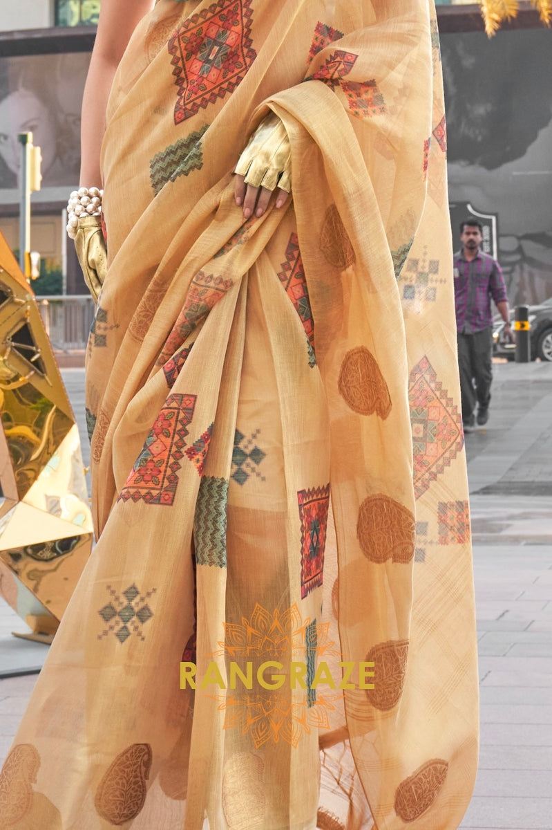 Couture Yellow Beige Woven Linen Silk Printed Saree