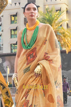 Couture Yellow Beige Woven Linen Silk Printed Saree