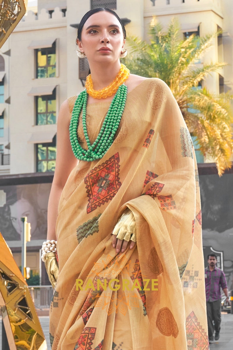 Couture Yellow Beige Woven Linen Silk Printed Saree
