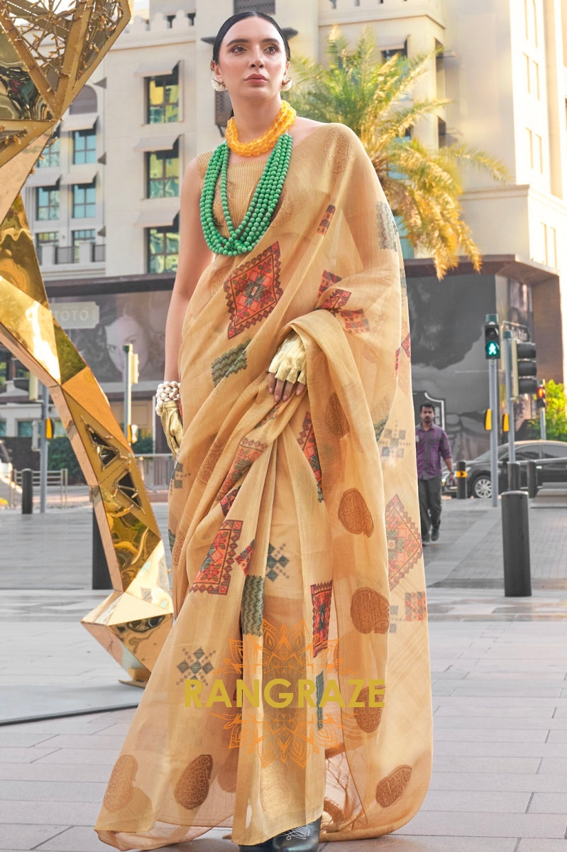 Couture Yellow Beige Woven Linen Silk Printed Saree