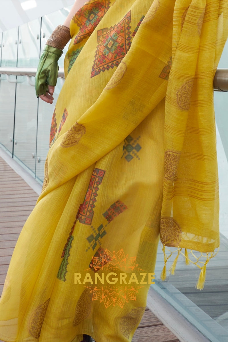 Couture Yellow Woven Linen Silk Printed Saree