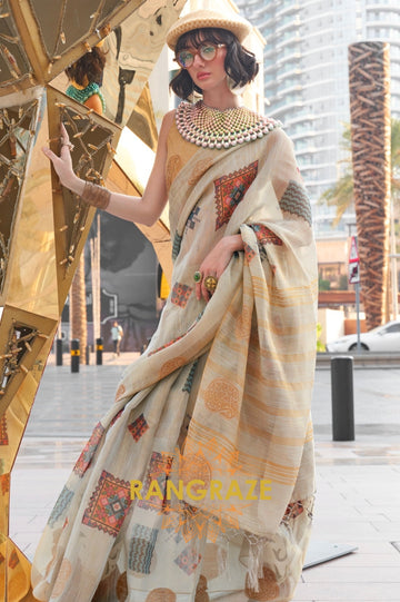 Couture Ivory Cream Woven Linen Silk Printed Saree