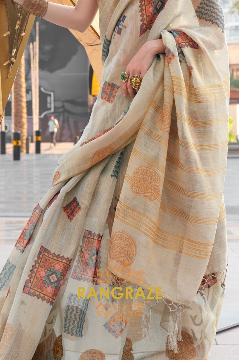 Couture Ivory Cream Woven Linen Silk Printed Saree