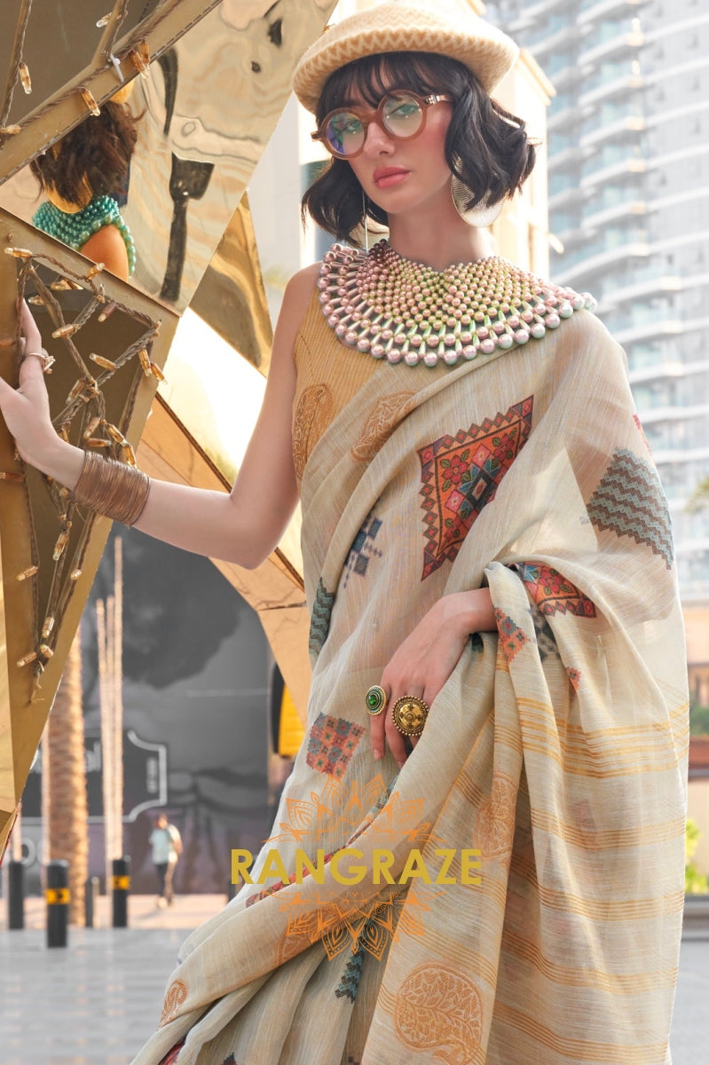 Couture Ivory Cream Woven Linen Silk Printed Saree