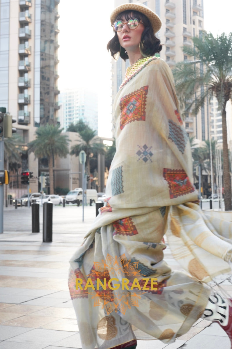 Couture Ivory Cream Woven Linen Silk Printed Saree