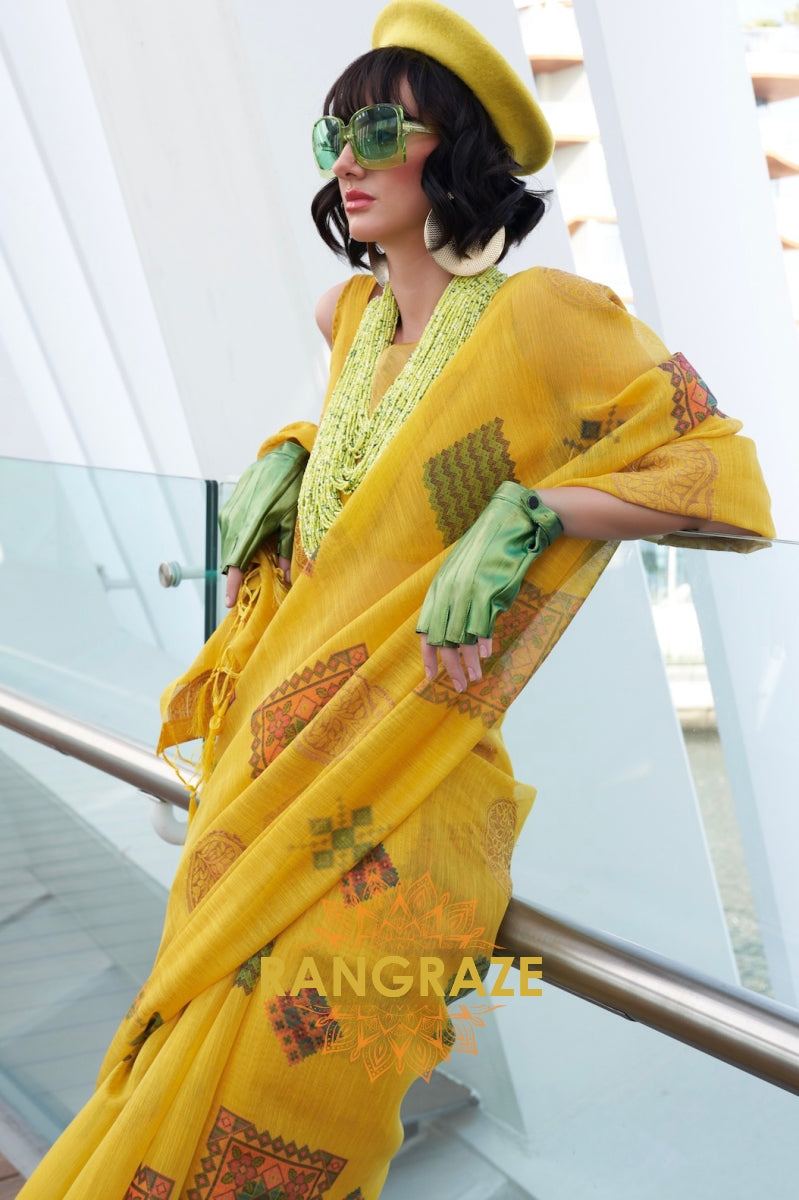 Couture Yellow Woven Linen Silk Printed Saree