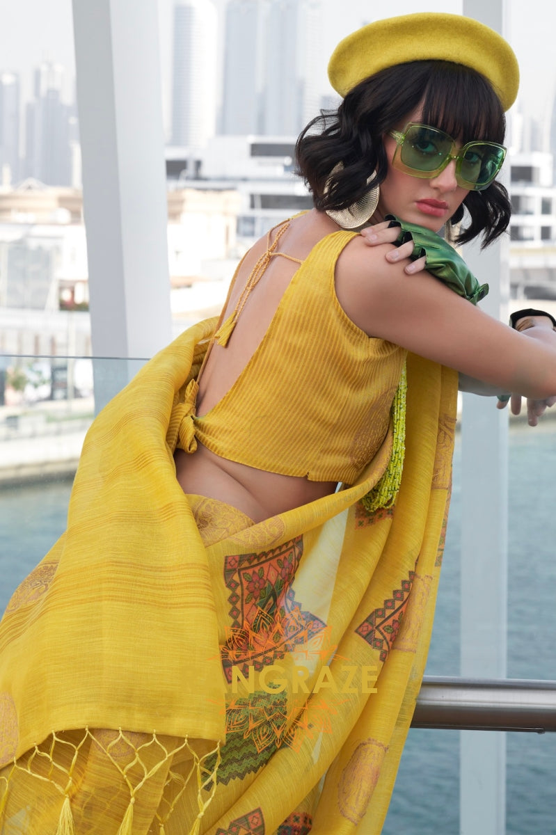 Couture Yellow Woven Linen Silk Printed Saree