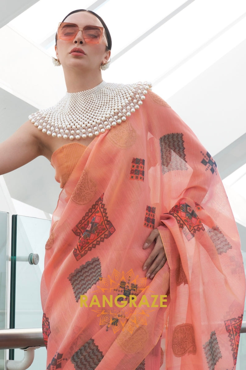 Couture Peachy Orange Woven Linen Silk Printed Saree