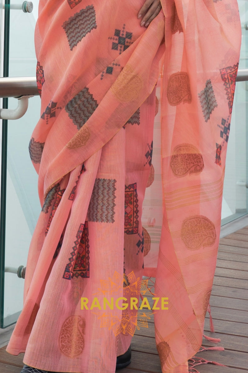 Couture Peachy Orange Woven Linen Silk Printed Saree