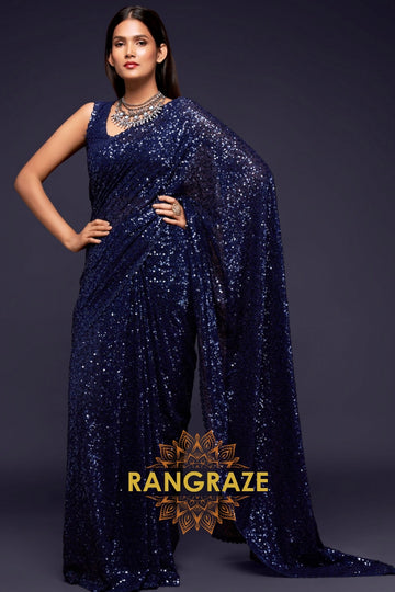 Midnight Blue Premium Georgette Designer Sequin Saree