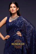 Midnight Blue Premium Georgette Designer Sequin Saree