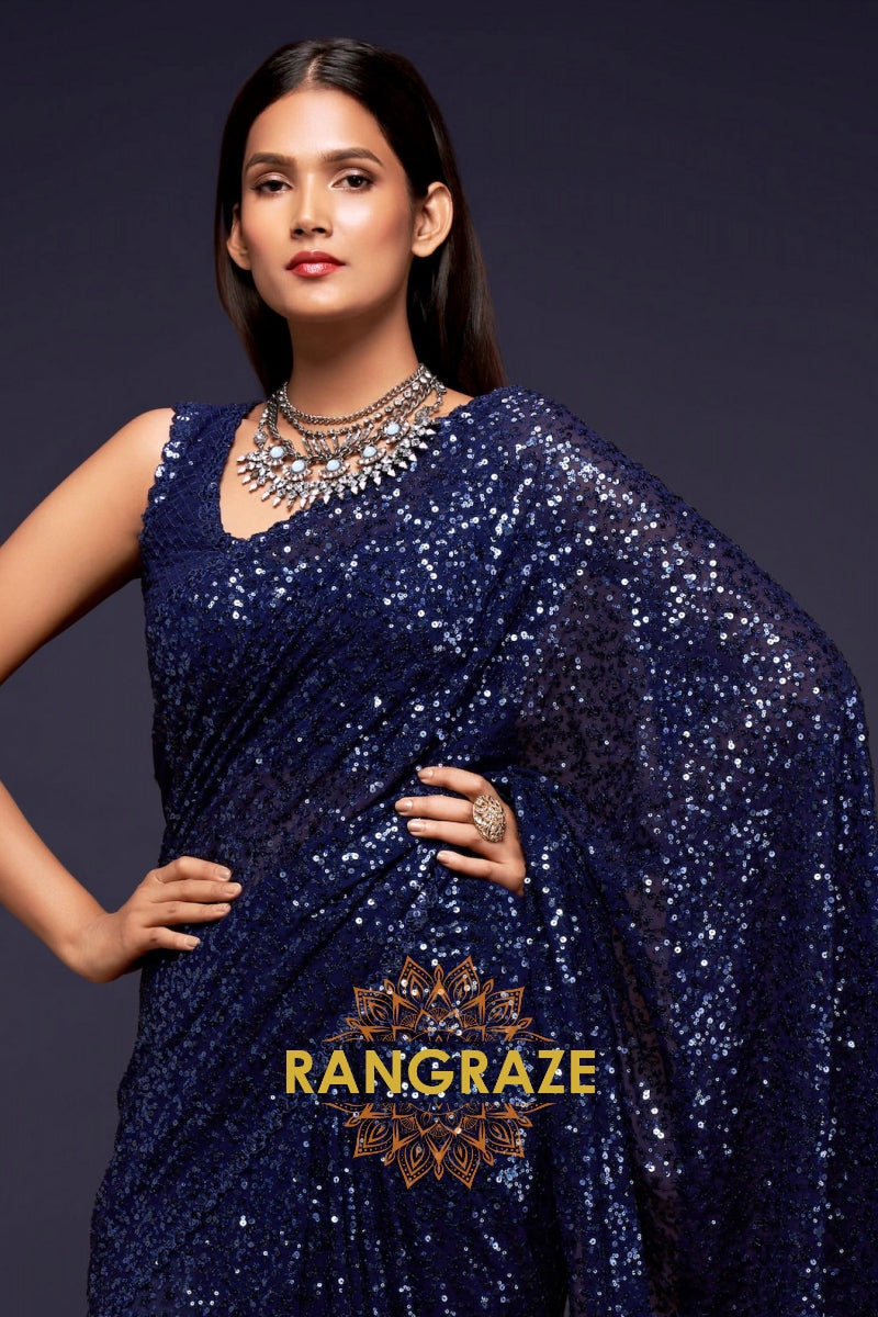 Midnight Blue Premium Georgette Designer Sequin Saree