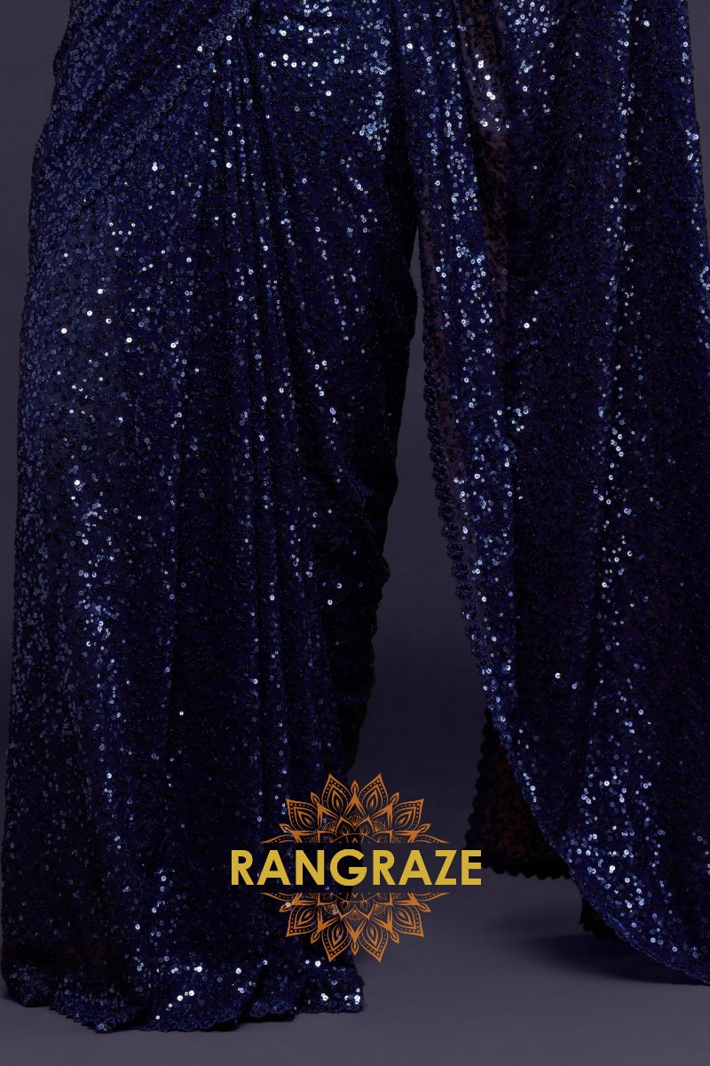 Midnight Blue Premium Georgette Designer Sequin Saree