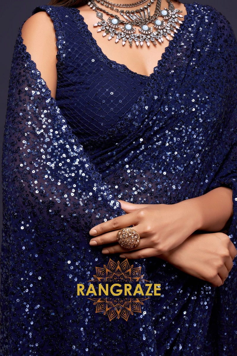 Midnight Blue Premium Georgette Designer Sequin Saree