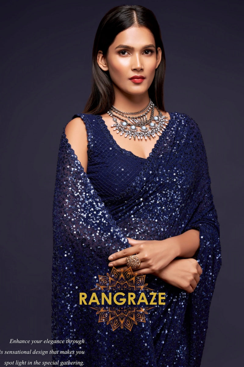 Midnight Blue Premium Georgette Designer Sequin Saree