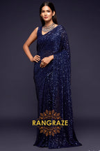 Midnight Blue Premium Georgette Designer Sequin Saree