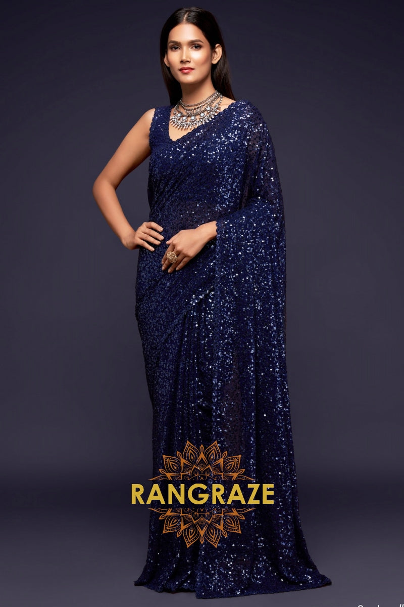 Midnight Blue Premium Georgette Designer Sequin Saree