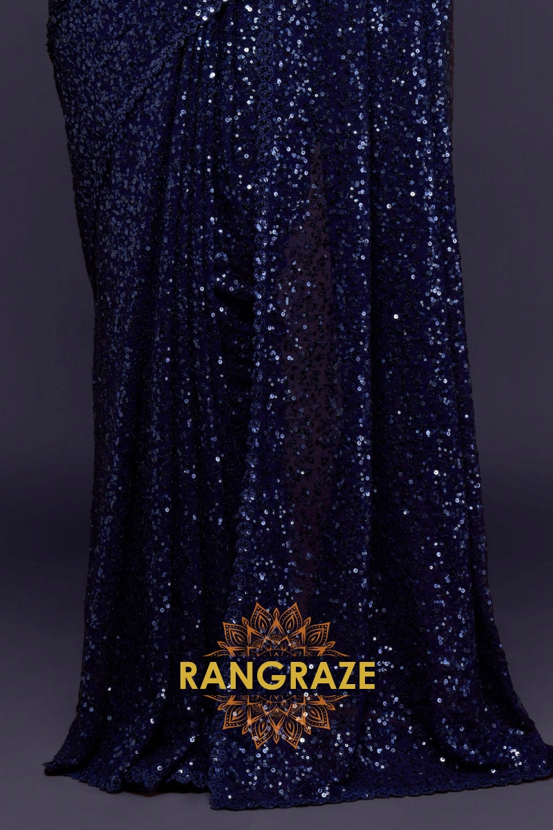 Midnight Blue Premium Georgette Designer Sequin Saree