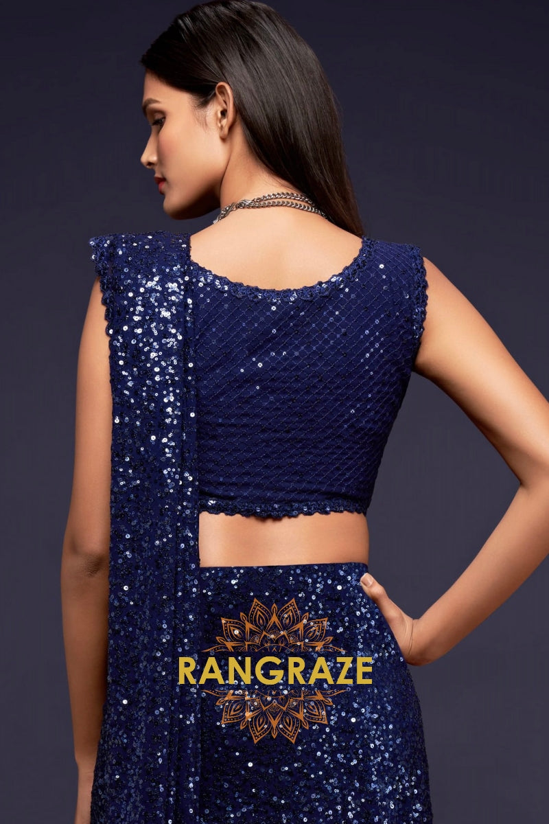 Midnight Blue Premium Georgette Designer Sequin Saree