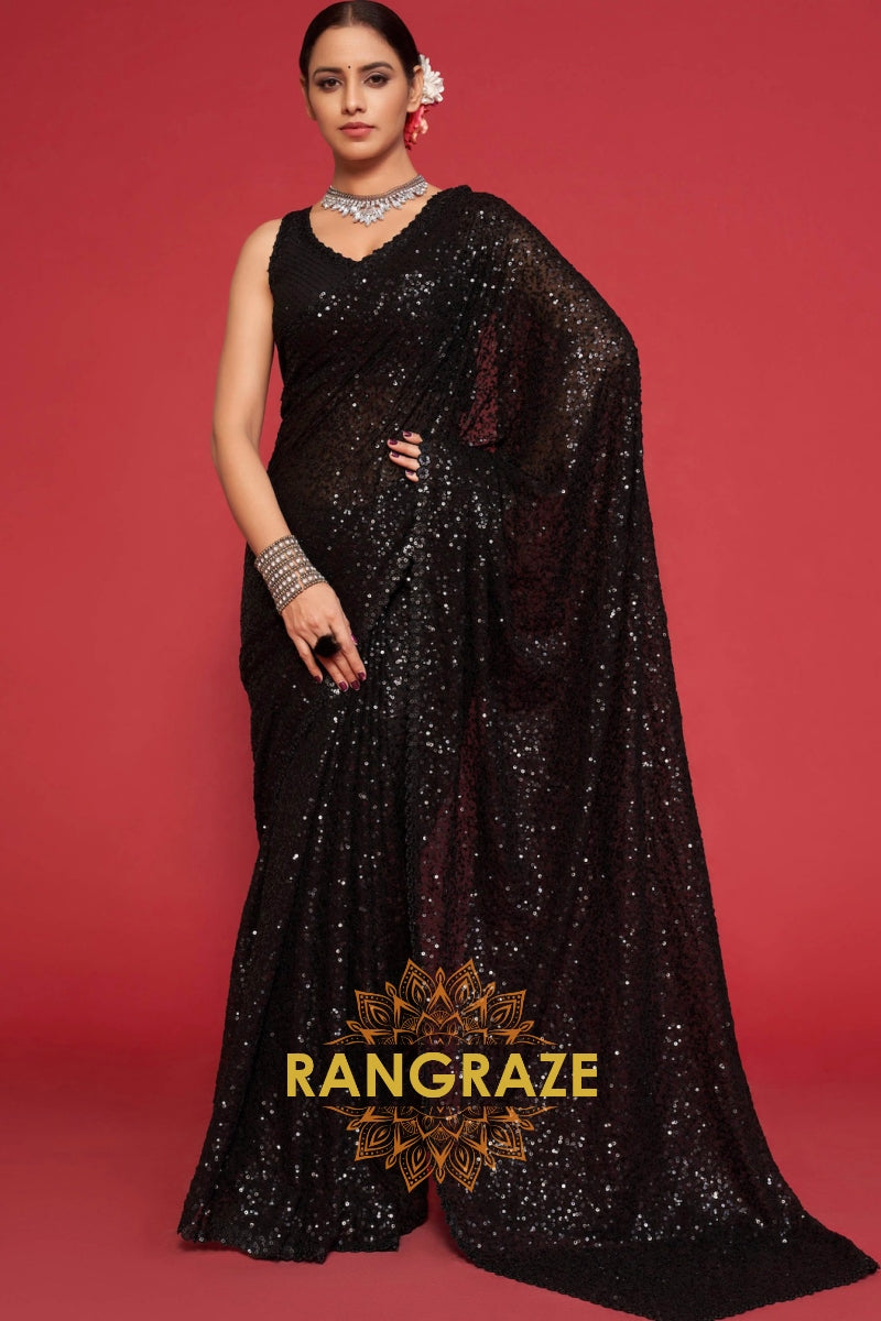 Jet Black Premium Georgette Designer Sequin Saree