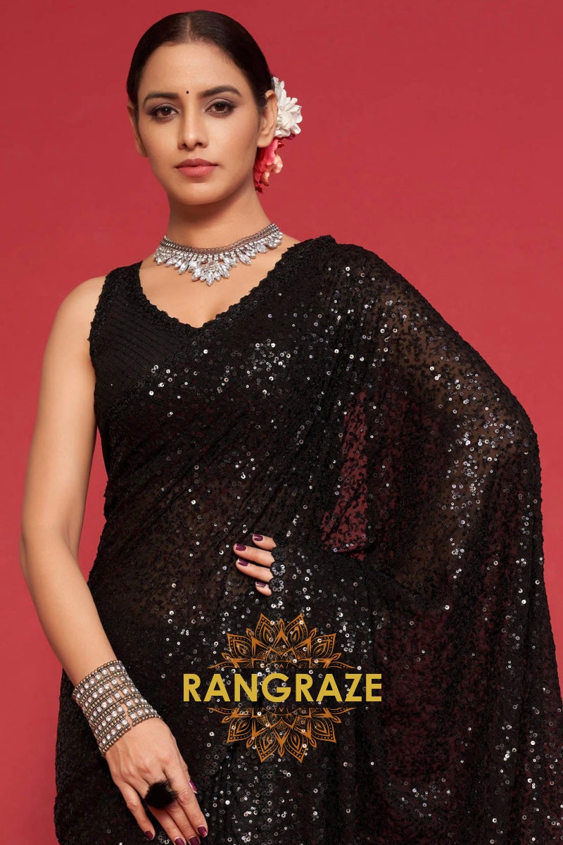 Jet Black Premium Georgette Designer Sequin Saree