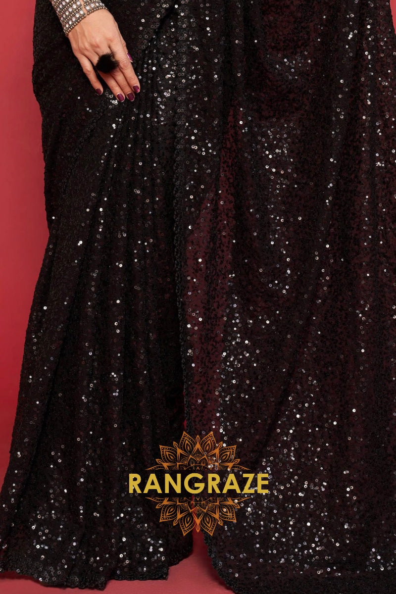 Jet Black Premium Georgette Designer Sequin Saree