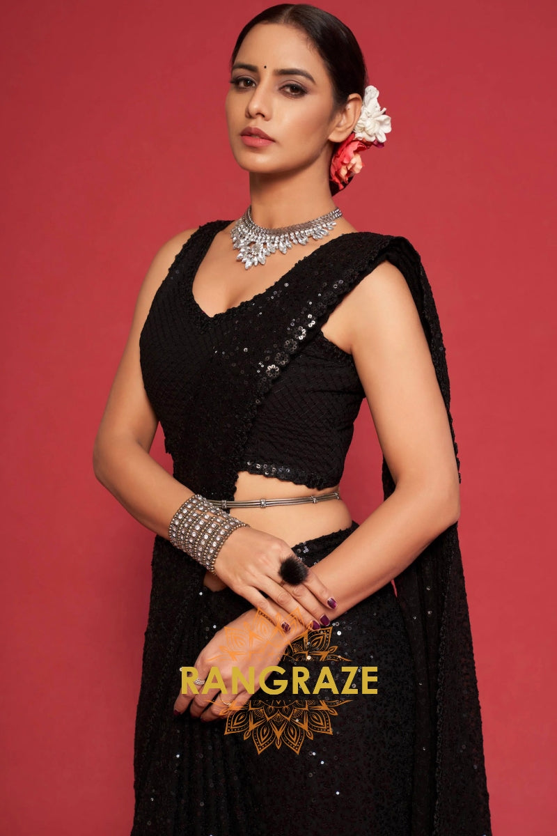 Jet Black Premium Georgette Designer Sequin Saree