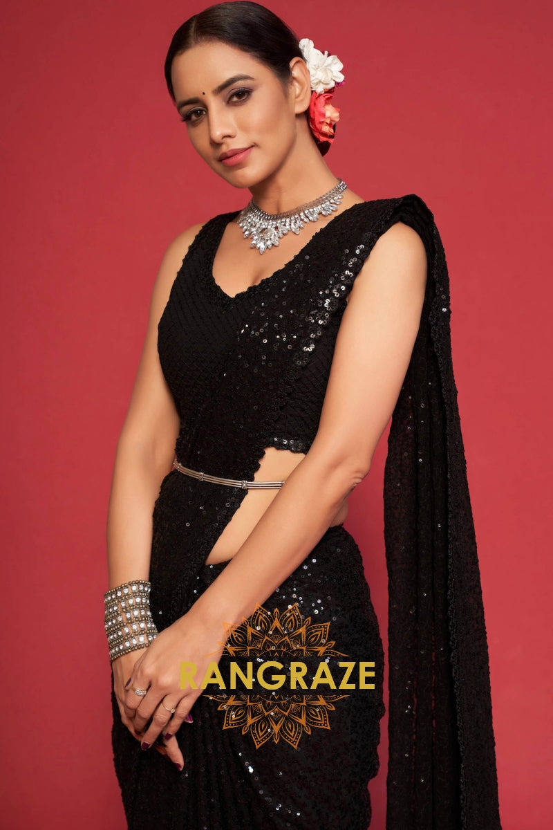 Jet Black Premium Georgette Designer Sequin Saree