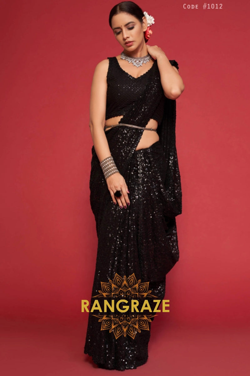 Jet Black Premium Georgette Designer Sequin Saree