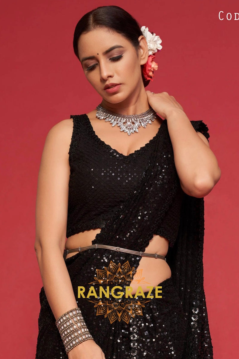 Jet Black Premium Georgette Designer Sequin Saree