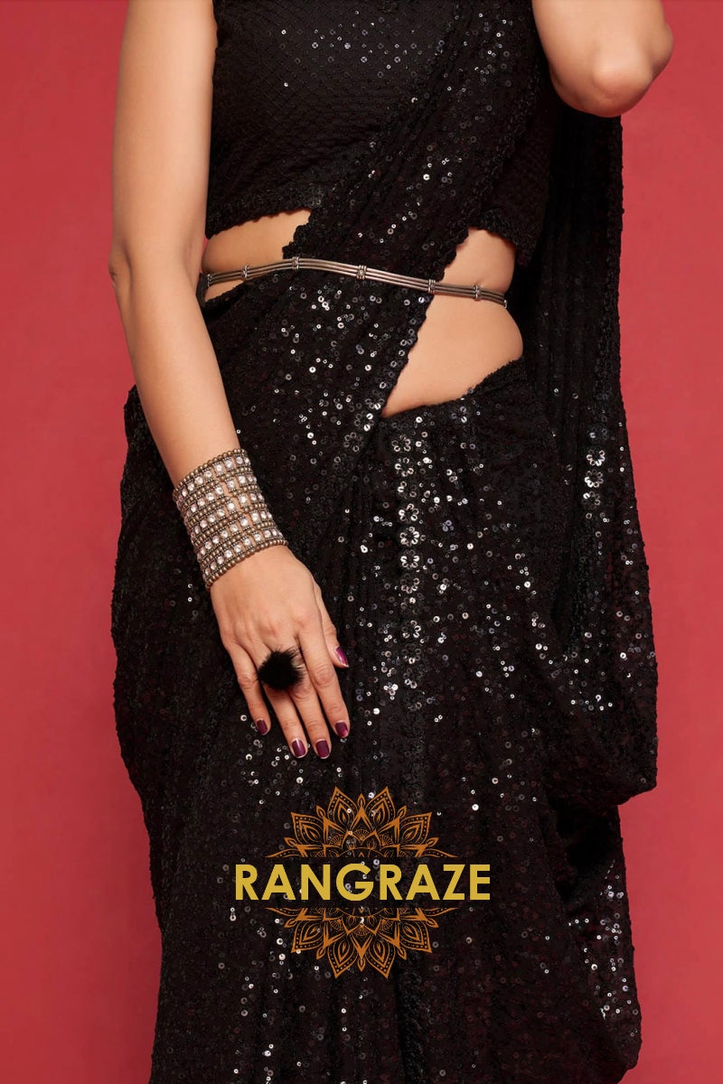 Jet Black Premium Georgette Designer Sequin Saree