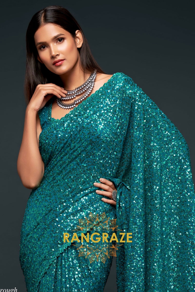 Teal Premium Georgette Designer Sequin Saree