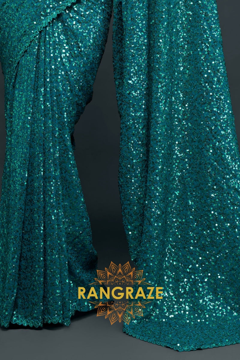 Teal Premium Georgette Designer Sequin Saree