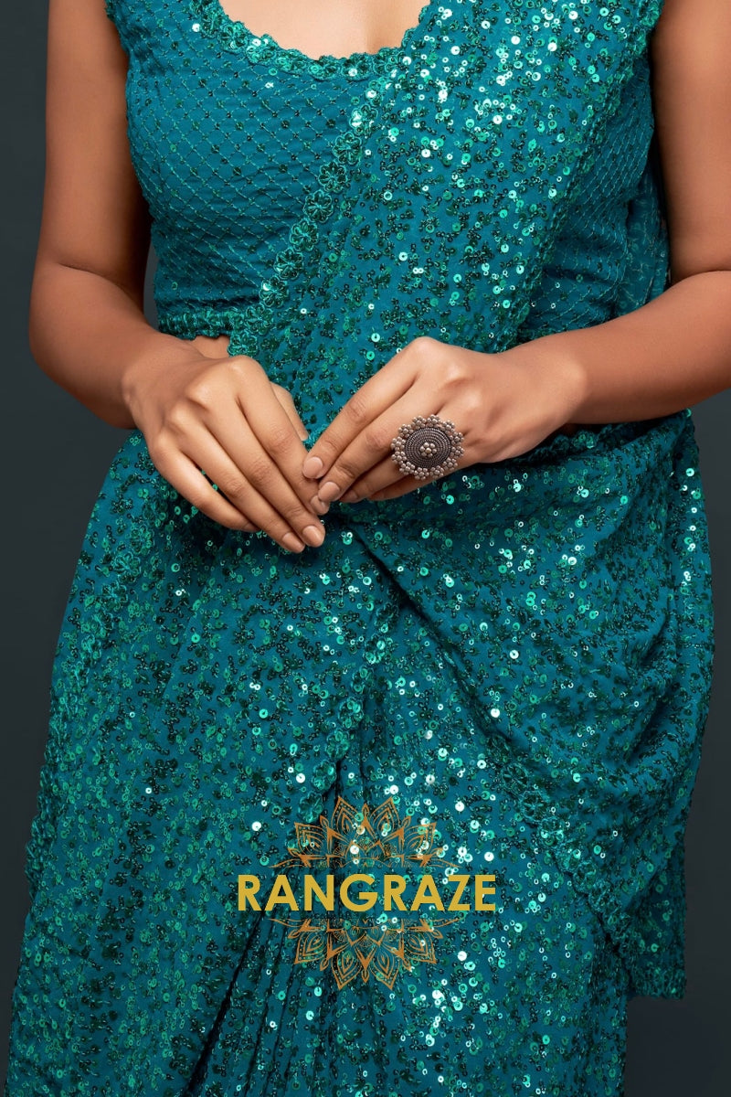Teal Premium Georgette Designer Sequin Saree