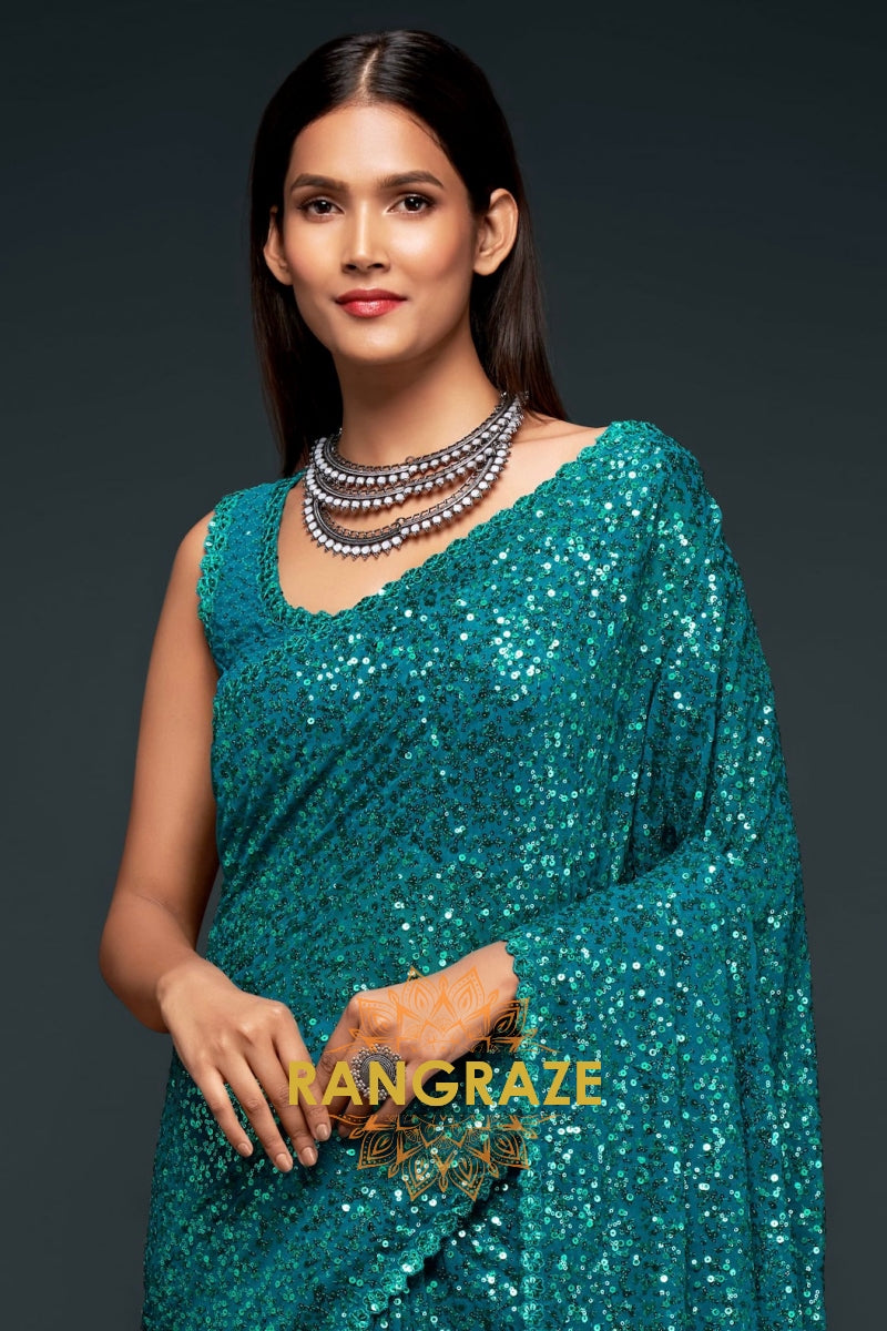 Teal Premium Georgette Designer Sequin Saree