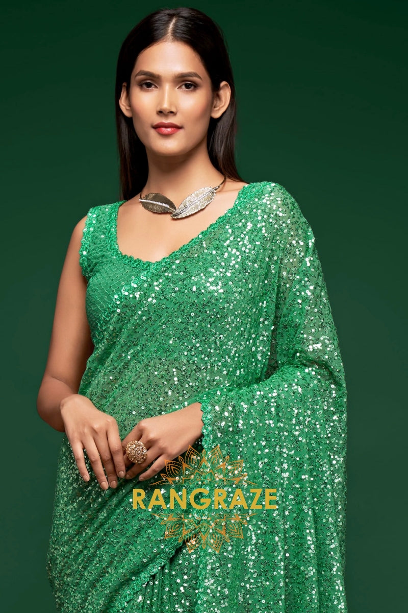 Emerald Green Premium Georgette Designer Sequin Saree
