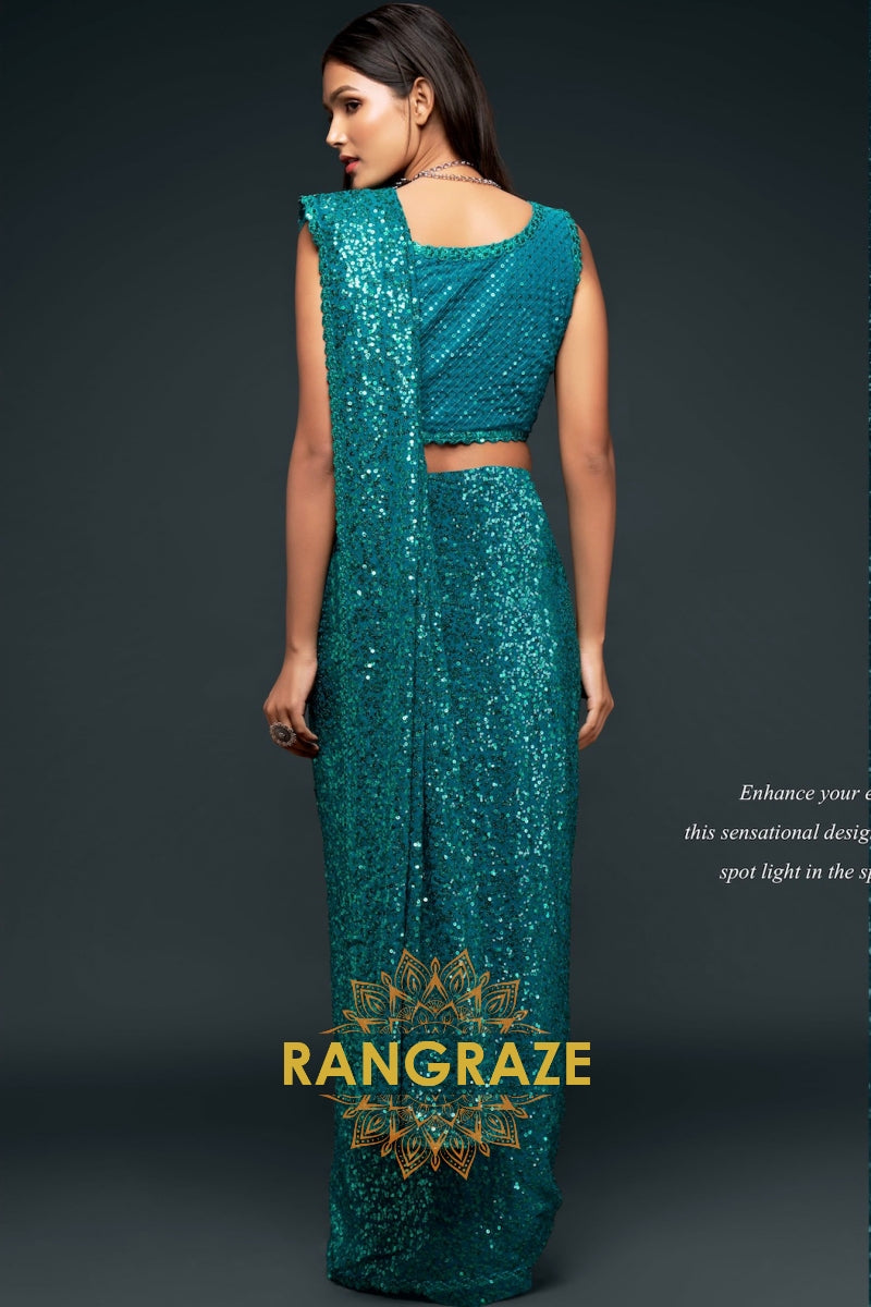Teal Premium Georgette Designer Sequin Saree