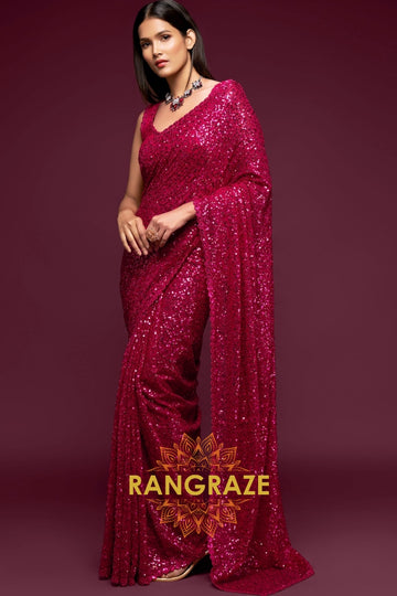 Berry Red Premium Georgette Designer Sequin Saree