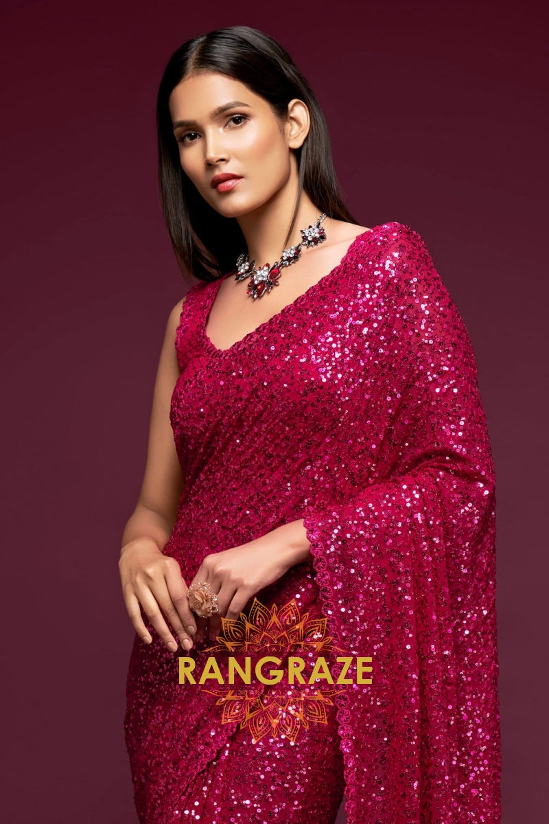 Berry Red Premium Georgette Designer Sequin Saree